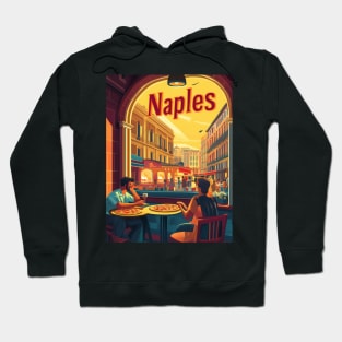 Two people savor delicious pizza at an outdoor cafe in Naples, surrounded by lively streets and beautiful buildings as the sun sets, Hoodie